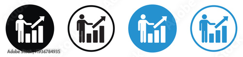 Minimalist vector icons of a person presenting a rising bar chart with an upward arrow. Symbolizes financial growth, data analysis, career advancement, and positive business trends.
