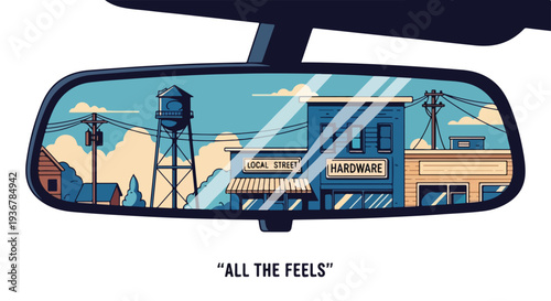 Retro illustration of a small town street scene reflected in a car's rearview mirror, evoking nostalgia, memories, and a poignant look back at simpler times.