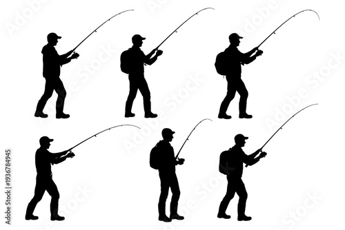 Silhouettes of male anglers with fishing rods in various poses.