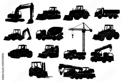 Silhouettes of construction vehicles and equipment collection.