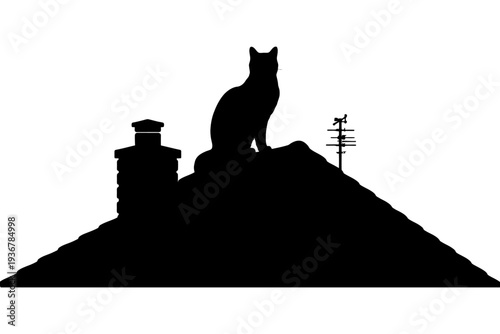 Silhouette of a cat on a roof with chimney and antenna.