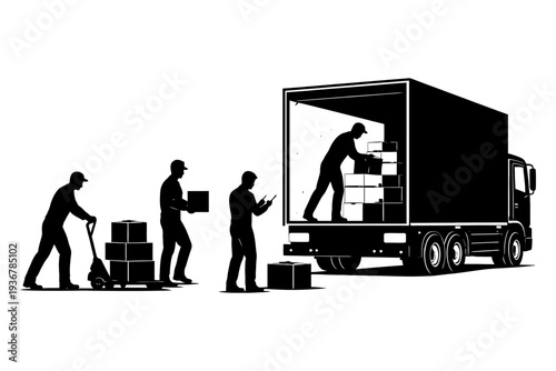 Silhouette workers loading truck with boxes in warehouse setting.