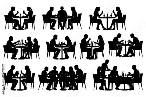 Silhouettes of diverse couples dining at tables in various poses.