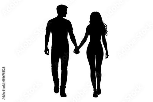 Silhouette of young caucasian male and female couple holding hands.