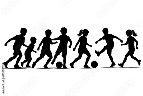 Silhouettes of diverse children playing soccer, boys and girls in action.