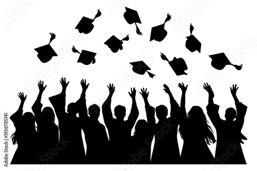 Silhouettes of graduates celebrating with cap toss.