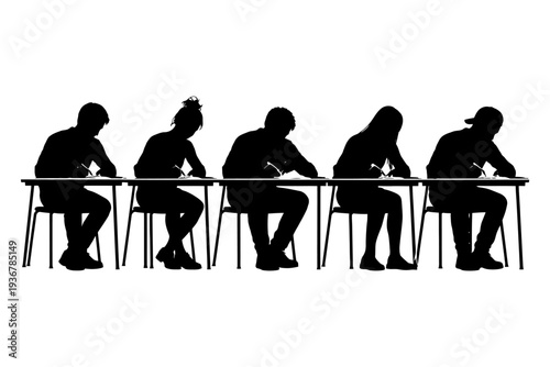 Silhouette of diverse young adults taking a test at a long table.