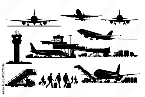Silhouette collection of airplanes at busy airport with passengers and control tower.