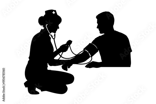 Silhouette of healthcare professional checking male patient's blood pressure.