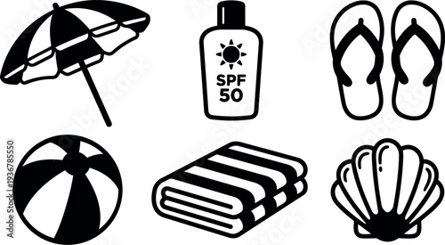 Flat design beach icons umbrella sunscreen bottle spf fifty flip flops beach ball towel shell simple black and white vector