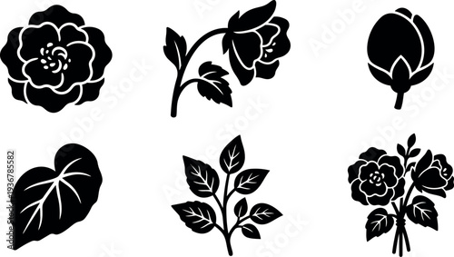 Flat design floral icon set six rose buds leaves and bouquet silhouettes close up vector art high contrast studio minimalist