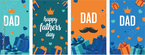 Happy Fathers Day greeting card set with gift boxes and crowns, dad celebration vertical banners, cad drawing flat vector illustration