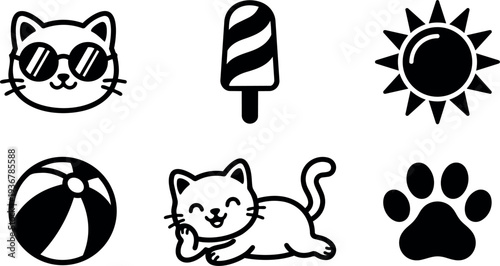 Flat design black and white summer cat icons set lounging cat with sunglasses popsicle sun beach ball paw print minimal