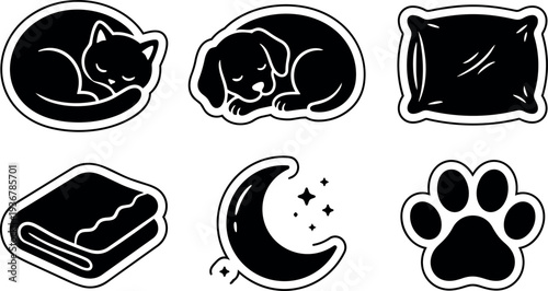 Flat design sleeping pet sticker set with curled cat sleeping puppy pillow blanket crescent moon paw close up black icons