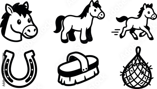 Line art vector icon set of playful horse head foal running horses and tack grooming brush horseshoe hay net collection