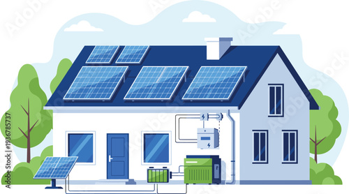 Residential Solar Energy System with Rooftop Panels, Inverter, Battery Storage and Backup Generator for Sustainable Home Power Solution