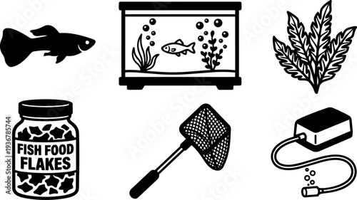 Flat vector aquarium kit icons top view guppy fish in tank with plants flakes jar net air pump silhouette set