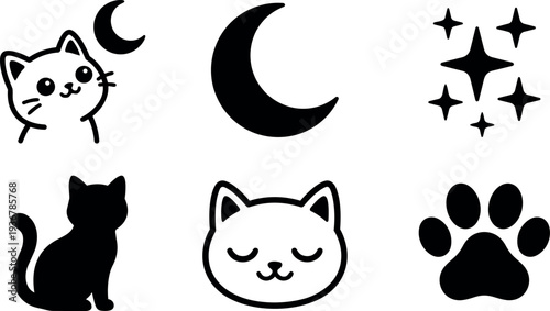 Minimalist kawaii line art cat icons with moon stars paw sleeping face sitting profile and playful smiling expression black vector