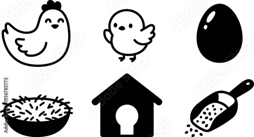 Minimalist line art chicken family icons including hen chick egg nest coop and feed scoop in flat vector front facing