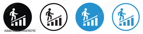 Figure climbing steps with a rising arrow, symbolizing career advancement and personal development. Perfect for success, growth, promotion, and professional achievement concepts.
