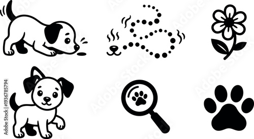 Cute flat vector puppy sniffing trail magnifying paw print flower icon set with playful outline style black white simple silhouette
