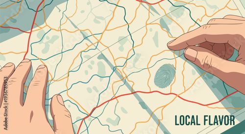 Hands tracing a route on a map, planning a trip to discover local flavor and hidden gems, travel planning concept