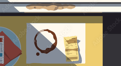 Overhead view of a cafe table with a prominent coffee ring stain on white paper, a crumpled receipt, and a blue plate, bathed in morning sunlight.