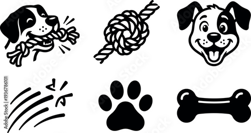 Line art close up happy dog biting rope toy with knot paw print bone and scratch marks icon set vector