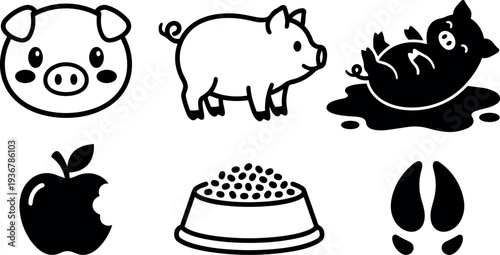 Flat design pig icon set with front face side and rolling pig plus bitten apple food bowl and hoof print