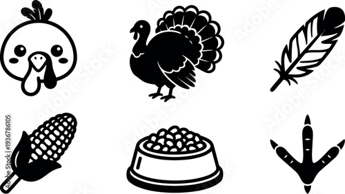 Flat design turkey icon set including cute head full body feather corn food bowl and three toe footprint in black