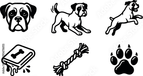 Flat design set of six boxer dog icons head play bowing jumping chew toy rope and paw isolated black white
