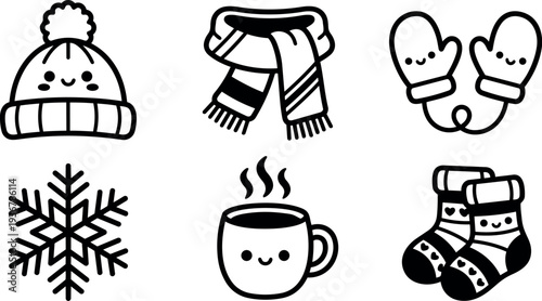 Kawaii line art winter icon set close up smiling hat scarf mittens socks snowflake hot drink mug simple black outline