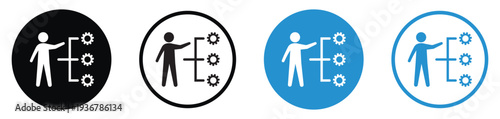 Creative icons showing a person managing a hierarchy of gears. Perfect for representing workflow optimization, technical management, systems thinking, and operational efficiency.