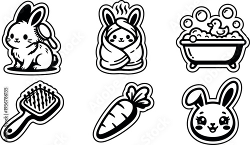 Sticker style cute rabbit grooming icons showing brush bathtub carrot wrapped bunny towel face in bold outline vector kawaii collection