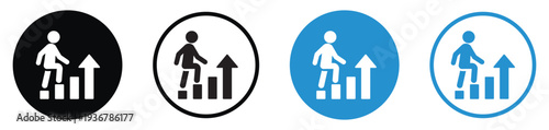 Figure climbing steps with a rising arrow, symbolizing career advancement and personal development. Perfect for success, growth, promotion, and professional achievement concepts.
