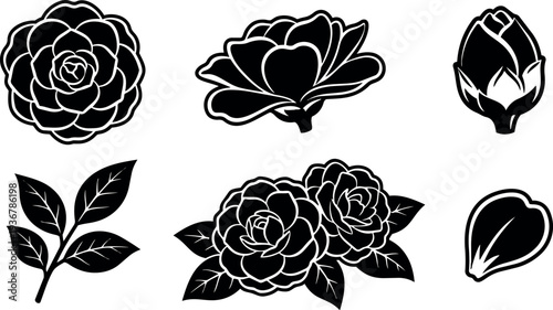 Minimalist black floral vector set showing camellia like blossoms leaves petals isolated icons in flat silhouette style detailed line work