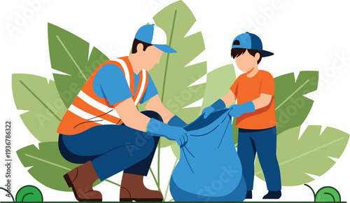 Volunteers Collecting Trash Cleaning Park Environment Cartoon Vector Illustration