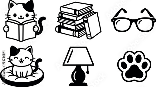 Flat design close up cat reading book cute cat on cushion stack of books glasses and lamp paw print icons