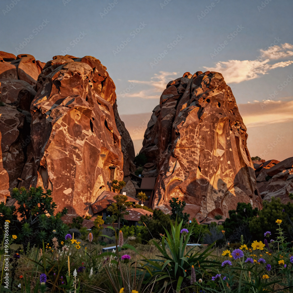 Naklejka premium dramatic lighting, breathtaking rock formations and summer sunset garden in southern illinois, showcasing the divine beauty of nature
