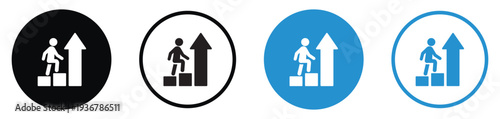 Figure climbing steps with a rising arrow, symbolizing career advancement and personal development. Perfect for success, growth, promotion, and professional achievement concepts.