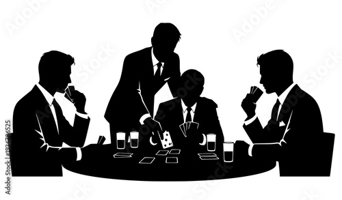 Three men in suits playing poker at round table black silhouette vector isolated on white background
