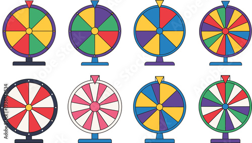 Colorful Lucky Spin Wheel Icon Set Featuring Prize Spinner Fortune Wheel Carnival Casino Game Show and Lottery Elements.