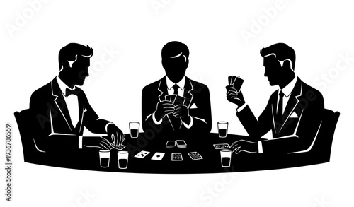 Three gentlemen playing cards with drinks at table black silhouette vector illustration isolated