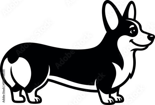 Cartoon vector side view corgi dog standing looking forward high contrast black and white bold line art emblem playful isolated