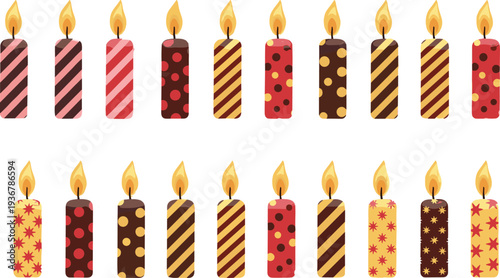Birthday Candles Set Colorful Decorative Party Candles with Flames Vector Illustration