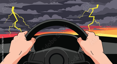 Hands on steering wheel driving through a dramatic thunderstorm with lightning and dark clouds