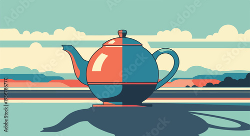 Stylized teapot with split color design on reflective surface with abstract landscape and sky background