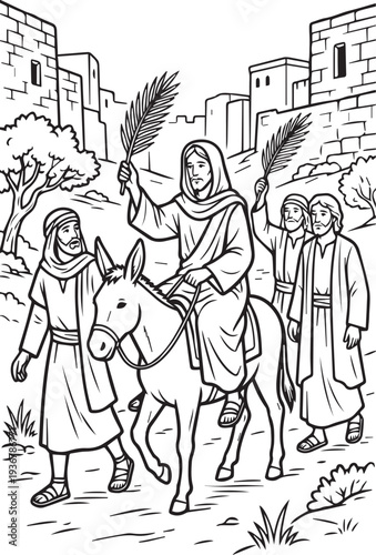 Palm Sunday triumphal entry of Jesus riding donkey with followers holding palm branches biblical scene illustration vector design