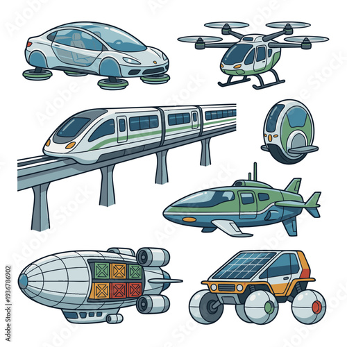 未来の都市を走る空中浮遊車やドローンなど次世代の乗り物イラストセット