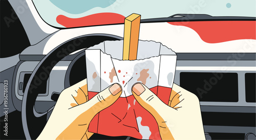 Hands holding a paper bag of french fries and ketchup inside a car, fast food on the go